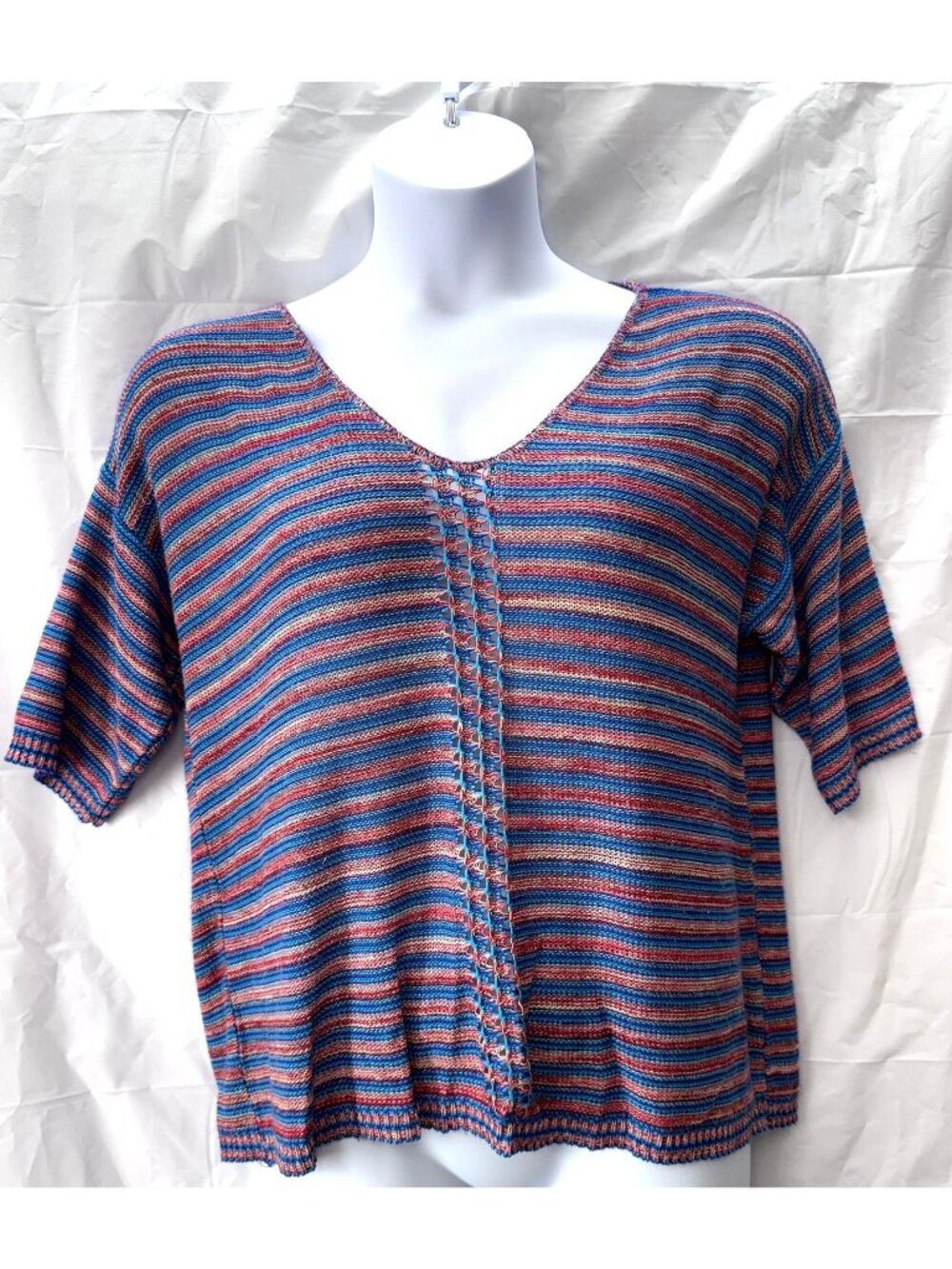 Liz Claiborne XL Multicolor Knit Top Open Stitch Short Sleeve Made in USA